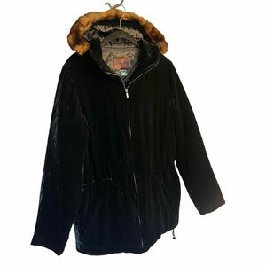 Lauren Ralph Lauren black velvet silk faux fur hooded parka coat quilted lining